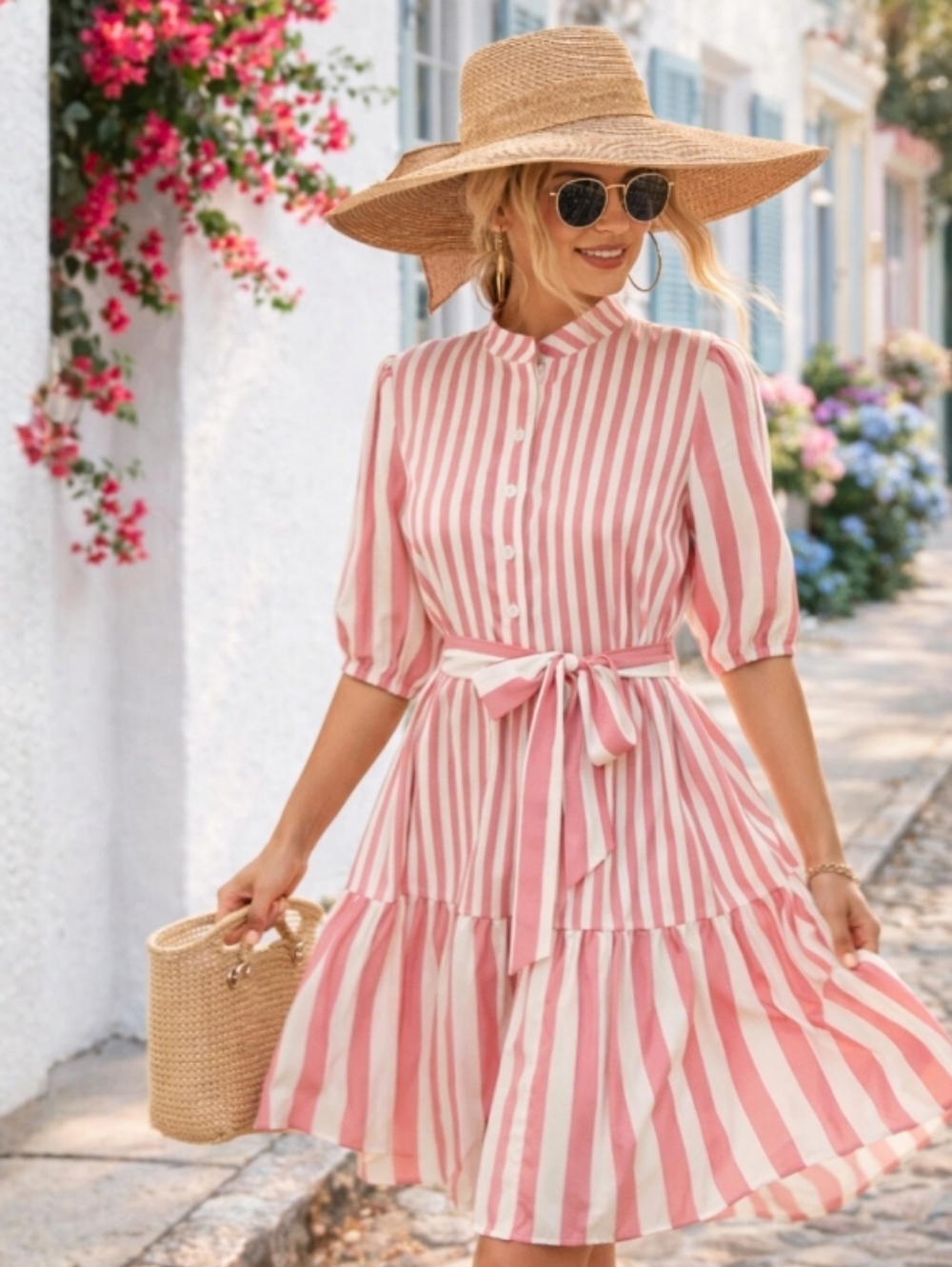 Striped Coral and White Shirt Dress